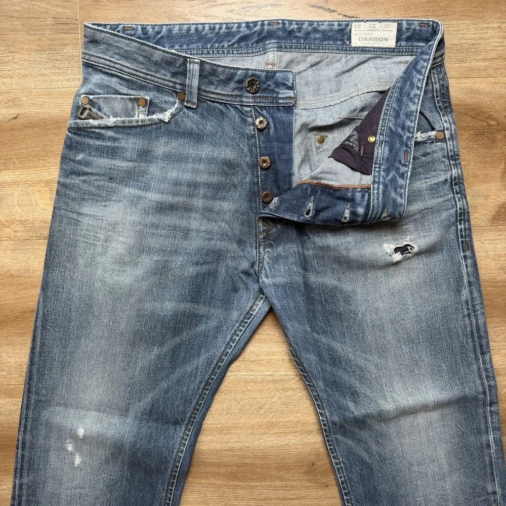 Diesel Darron Jeans Men 33x27 Blue Slim Tapered Distressed Dark Wash (Hemmed)